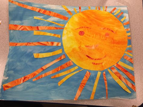 Eric Carle inspired art (kids cut sun and "rays") finger paint yellow let almost dry added orange. Blue & white tempers paint to get light blue - wide sweeps with sponge brushes Preschool art Sun Art Projects For Kids, Art Projects For Kids Preschool, Eric Carle Classroom Theme, Eric Carle Crafts, Eric Carle Art, Eric Carle Activities, Art Soleil, Space Art Projects, Classe D'art