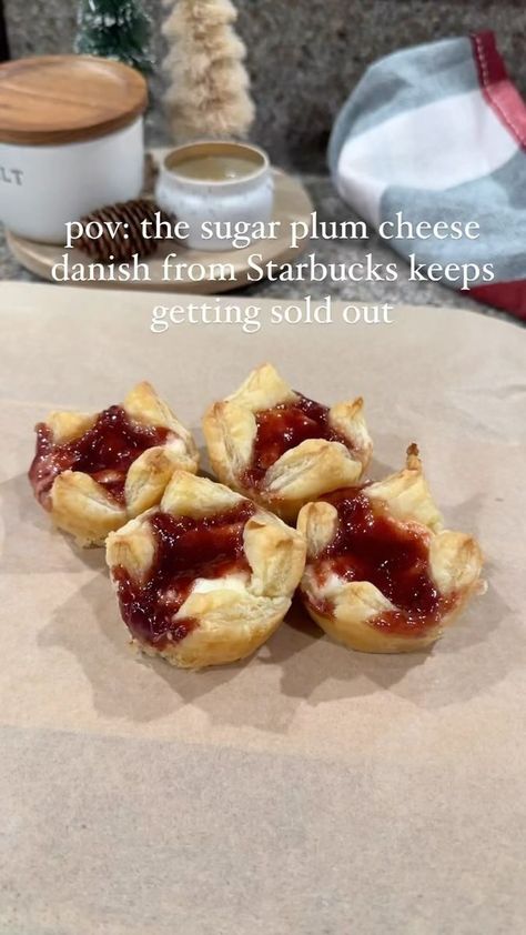 121K views · 210 reactions | Sugar plum cheese danish (Starbucks copycat) 🎄 Recipe below is for 1 puff pastry sheet but you’re gonna probably want to double it for the two sheets because they are addicting! Ingredients: 1 thawed puff pastry sheet 1 8 oz package of cream cheese softened 1/2 cup sugar (I used powder but you can also use granulated) 1 teaspoon vanilla extract 1/2 cup plum jam 1/4 teaspoon ground cinnamon 1/8 teaspoon ground nutmeg 1. Preheat oven to 400 degrees 2. Mix softe Copycat Sugar Plum Danish, Sugar Plum Cream Cheese Danish, Starbucks Plum Danish Recipe, Sugar Plum Danish Recipe, Plum Puff Pastry, Sugar Plum Danish Starbucks, Starbucks Sugar Plum Danish Recipe, Sugar Plum Dessert, Plum Danish Recipe