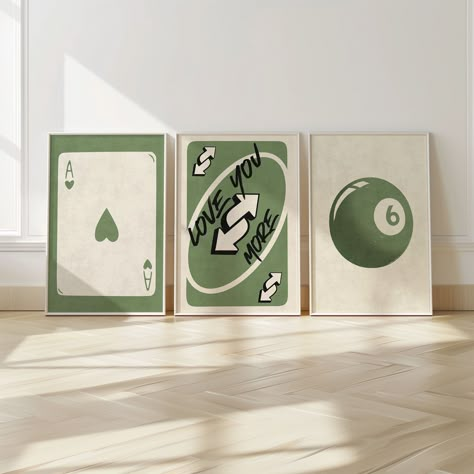 Trendy Retro Set Of 3 Piece Wall Art, Love You More Wall Art, 7 Ball Poster, Ace Card Print, 3 Piece Wall Art, Green Wall Art Set -  #ace #Art #Ball #Card #Green #Love #piece #Poster #Print #Retro #Set #Trendy #Wall Home Decor Ideas Retro Style, Bedroom Poster Inspiration, Bed Rooms Posters, Poster Design Bedroom, Chess Wall Art Decor, Modern Art For Bedroom, Poster Sets Wall Art, Art And Plant Wall, Set Of 3 Canvas Painting Ideas Diy