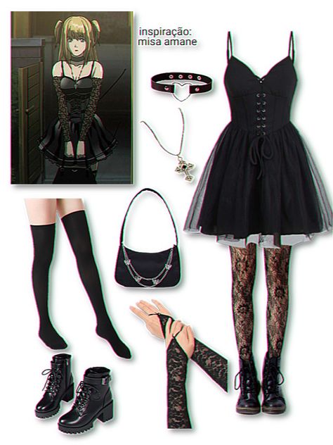 Misa Amane Outfit Cosplay, Misa Aname Fashion, Misa And Light Halloween Costume, Deathnote Misa Cosplay, Misa Misa Halloween Costume, Misa Amane Full Body Picture, Halloween Costumes Black Outfit, Misa Aname Outfit, Misa Amane Royale High