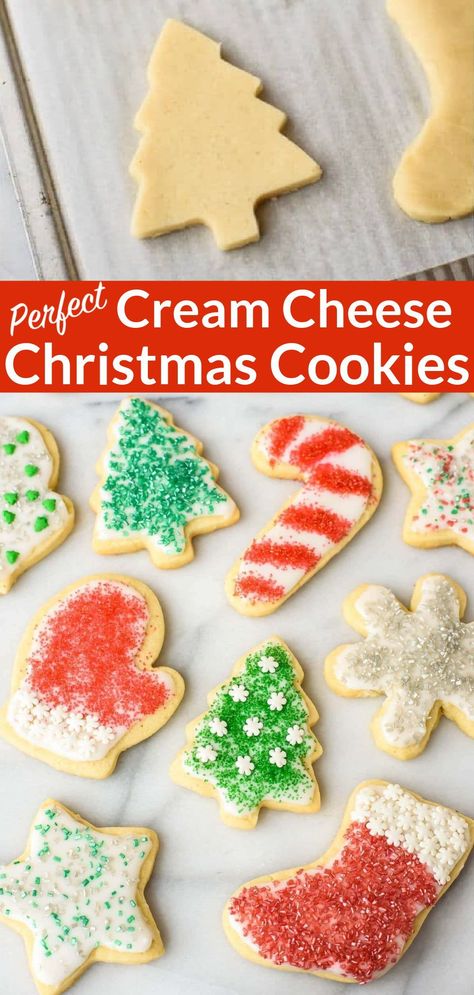 Holiday Roll Out Cookies, Roll Out Christmas Cookie Recipes, Christmas Cookies Cut Out Recipe, Cream Cheese Cutout Cookies Recipes, Sugar Cookie Frosting Recipe Cream Cheese, Soft Christmas Cut Out Cookies, Sugar Cookie Recipe Cream Cheese, Best Cut Out Cookie Frosting, Sugar Cookie Roll Out Recipe