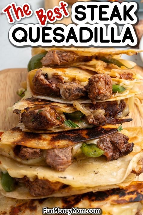 This Steak Quesadilla recipe combines slices of mouthwatering steak, melted cheese, and tender veggies, all nestled in a crispy tortilla. They’re the perfect easy dinner or snack for the whole family! Steak Quesadilla Marinade, Ideas For Leftover Steak, Leftover Steak Quesadilla, Leftover Ny Strip Steak Recipes, What To Do With Leftover Steak, Leftover Ribeye Steak Recipes, Recipes For Leftover Steak, Leftover Ribeye, Steak Quesadilla Recipe