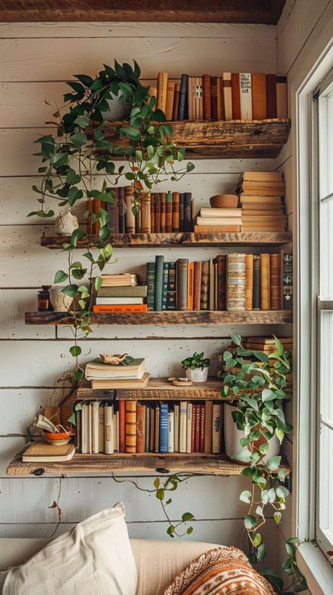 Modern Bookshelf Ideas to Add Flair to Your Space Office Bookshelf Aesthetic, Bookshelf Inspiration Small Space, Open Shelf Bookshelf, Corner Hanging Bookshelves, Ladder Bookshelf Ideas, Bookshelf Stacking Ideas, Decorations For Bookshelves, Books Home Office, Book Shelfs Living Room