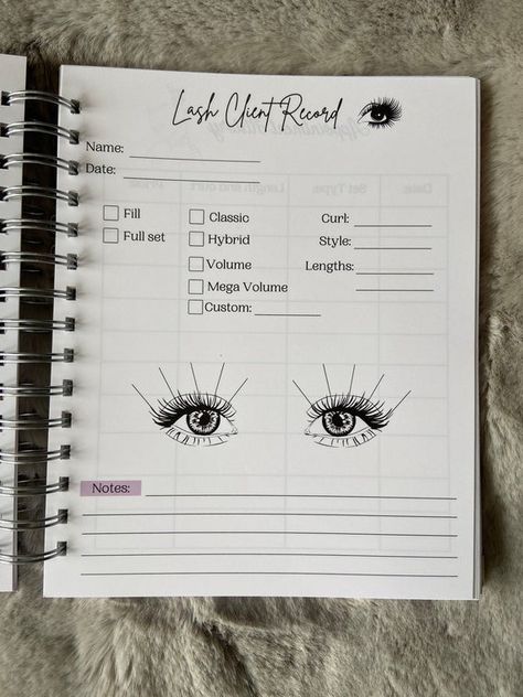 Eyelash Client Record, Lash Client Record Book, Beginner Lash Tech Prices, Lash Client Record, Client Record Book, Lash Artist Logo, Lash Book, Lash Room Ideas, Lash Boss