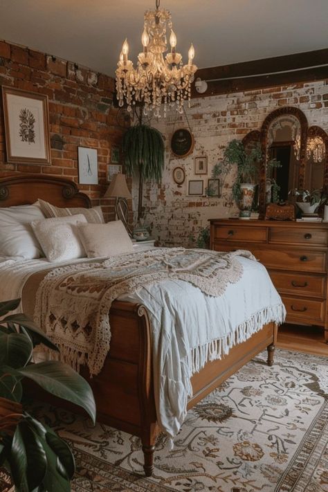 White Brick Room Bedrooms, Boho Victorian Decor Bedroom, Boho Inspo Decor, Bedroom Ideas For Small Rooms Vintage, Antique Room Decor Bedroom, Cozy Antique Decor, Master Bedrooms Decor Feature Wall, Vintage Garden Bedroom, Modern Vintage Bedroom Ideas Retro