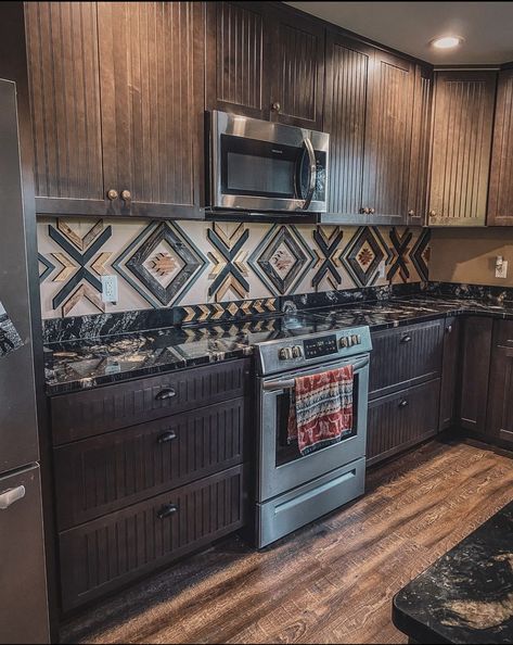 Jordan Fry, Western House Ideas, Rustic Ranch Home, Aztec Kitchen, Kitchen For Cooking, Western Kitchen Decor, Western House, Rustic Backsplash, Custom Backsplash