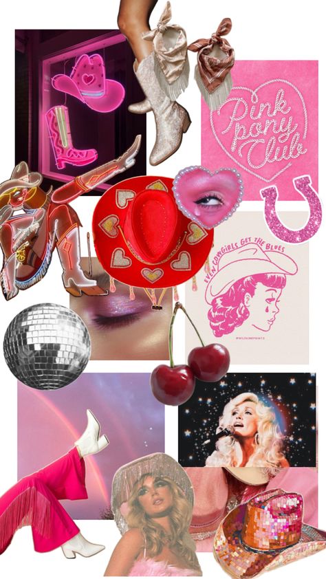 Glitter disco cowgirl aesthetic Red Disco Cowgirl, Cowgirl Disco Aesthetic, Disco Rodeo Inspo 🪩, Cowgirl Chic Aesthetic, Pink Pony Club Party, Glitter Cowgirl Aesthetic, Hootenanny Party, Pink Pony Club Aesthetic, Pink Cowboy Party