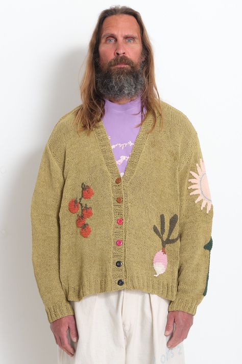 Types Of Cardigans, Crochet Appliqué, Story Mfg, Choppy Layers, Organic Cotton Yarn, Mohair Cardigan, Patterned Cardigans, Mens Cardigan, Crochet Applique