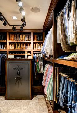 Ranch Style Walk In Closet, Men’s Master Closet, Safe In Closet Ideas, Safe In Walk In Closet, Master Closet Design With Safe, Closet With Safe Ideas, Barndominium Closet Ideas, Walk In Closet With Safe, Cedar Closet Ideas Walk In