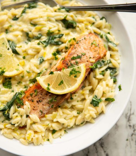 Boursin Salmon Orzo Salmon Orzo Bake, Boursin Salmon, Salmon Orzo Recipe, Boursin Orzo, Salmon Orzo, Pasta Orzo, Boursin Recipes, Comfy Food, Salmon Filets