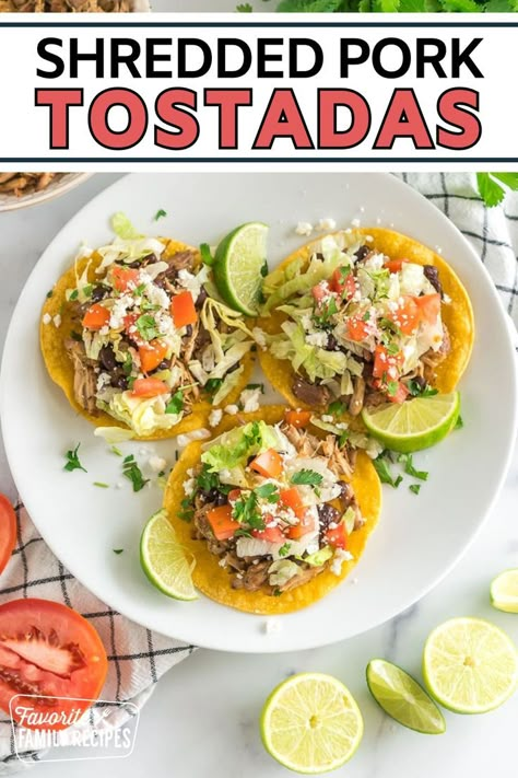 Shredded Pork Tostadas are easy and so flavorful! Tender pork is made in a slow cooker with so many spices and flavors and the tortillas are baked, not fried, making this a light, delicious meal. These shredded pork tostadas are so packed with flavor and really easy to put together. Pork Tostadas, Shredded Pork Recipes, Amazing Slow Cooker Recipes, Tostada Recipes, Hearty Casseroles, Shredded Pork, Baked Pork, Easy Family Meals, Homemade Soup