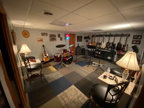 Finished the studio in our “new”(70 yr old) house. Basement studio with nice sound and decent jam space Basement Music Studio, Music Studio Lighting, House Basement, Old Basement, Basement Studio, Home Music Studio, Music And Art, Home Studio Music, Music Man