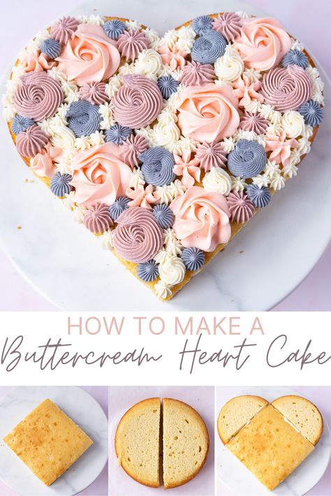 Easy Shaped Cakes, Cupcakes In Heart Shape, Easy Heart Shaped Cakes, Heart Shaped Cake Tutorial, How To Heart Cake, Heart Shape Cake Decoration, Heart Shapes Cake, How To Make A Heart Shaped Cake, Heart Cake Designs Birthday