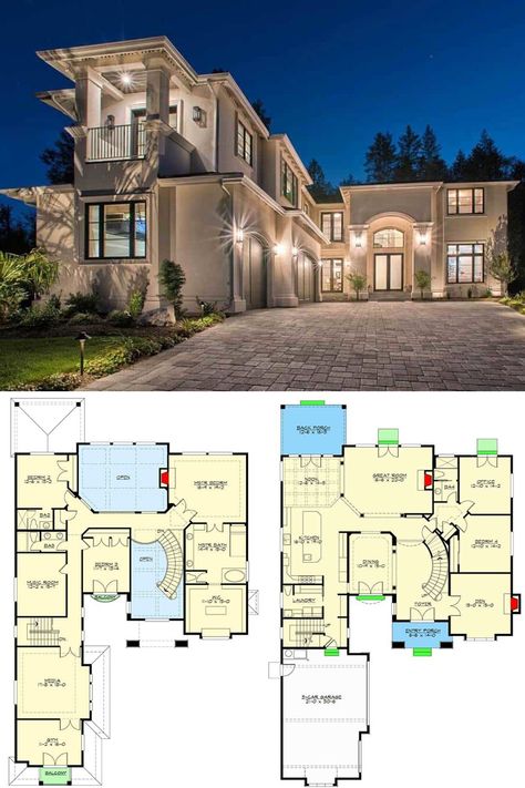 Stunning exterior of the luxury mansion showing its brick stone walkway & tall arch above the beautiful main doors. Find it in this 2 story European house plan with 4 bedrooms and 4.5 bathrooms. See more of the Mediterranean & elegant interior design of this luxurious European house. View the full floor plan and get the blueprint at: https://www.architecturaldesigns.com/house-plans/exquisite-italianate-house-plan-23749jd?cjevent=da2a1c08811211ea8359014d0a18050f  #blueprint #floorplan #2story Luxury House Floor Plans, Casas The Sims Freeplay, 6 Bedroom House Plans, House Plans Mansion, Mediterranean House Plans, Two Story House Plans, European House Plans, Mansion Floor Plan, 4 Bedroom House Plans