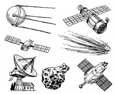 Space Satellite Drawing, Meteorite Tattoo, Spaceship Drawing Sketches, Asteroid Drawing, Spacecraft Drawing, Space Shuttle Tattoo, Comet Drawing, Rocket Sketch, Telescope Tattoo