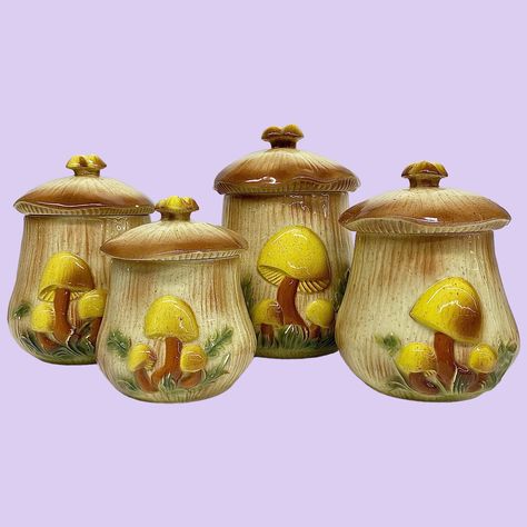 Vintage Mushroom Canister Set Retro 1970s Bohemian + Arnels + Set of 4 + Ceramic + Brown and Yellow + Merry Mushrooms + MCM Kitchen Storage Mushroom Canisters, Mushroom Kitchen, Mcm Kitchen, Ceramic Mushroom, Ceramic Canisters, Vintage Mushroom, Mushroom Decor, Vintage Display, Mushroom Design