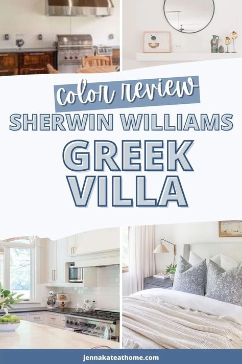 SW Greek Villa is a beautiful soft white that adds an air of light and bright to any room. It's not only perfect for walls, but makes a stunning cabinet color too. But how does it stack up against other popular whites? Read the article to learn more! Greek White Sherwin Williams, Sw Whites For Walls, Greek Villa Bedroom Walls, Greek Villa Bedroom Ideas, Sherwin William Greek Villa, Greek Villa Kitchen Walls, Sherwin Williams Greek Villa Kitchen, Sw Greek Villa Kitchen Cabinets, Sherwin Williams Greek Villa Bedroom