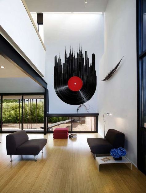 Musically Inspired Furniture And Decorations For Your Home Vinyl Record Wall Art, Art On The Wall, Record Wall Art, Music Room Decor, Decor Studio, Vinyl Record Wall, Record Wall, Wall Paint Designs, Music Decor