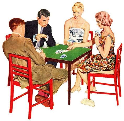 Bridge Party Night http://www.pinterest.com/margafg/limpio-mi-casita/ Bridge Card Game, Bridge Game, Bridge Card, Vintage Housewife, Vintage Illustration Art, Game Illustration, Giclee Painting, Vintage Life, Card Illustration