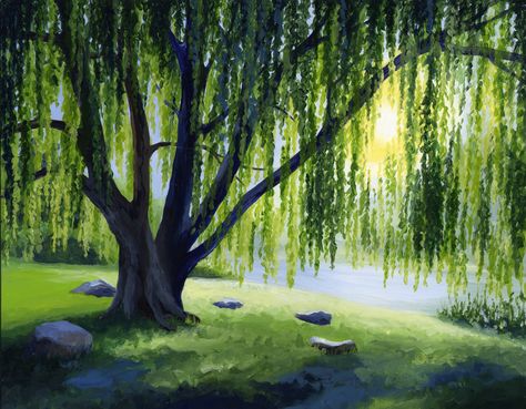 Weeping Willow Willow Tree Art, Tree Artwork, Weeping Willow, Tree Drawing, Night Painting, Willow Tree, 판타지 아트, Nature Paintings, Pics Art