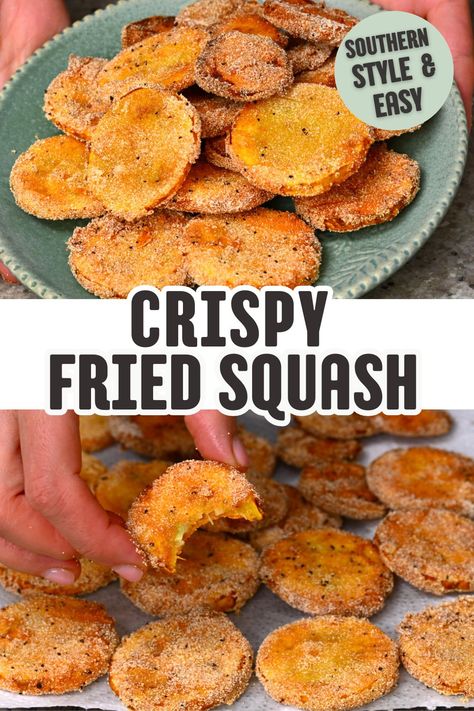 A collage of two images: the top shows a green plate filled with crispy fried squash slices, and the bottom shows a hand holding a bite-sized piece of fried squash above a baking sheet lined with more slices. Crispy Fried Squash, Fried Yellow Squash Recipes, Fried Squash And Zucchini, Fried Summer Squash, Southern Fried Squash, Fried Squash Recipes, Fried Yellow Squash, Fried Squash, Light Dinners