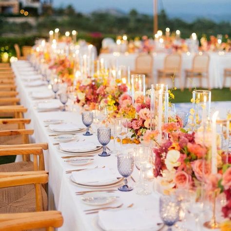 Cabo Weddings, Bright Wedding, Wedding Theme Colors, Sunset Wedding, Future Wedding Plans, Garden Party Wedding, Long Table, Wildflower Wedding, Wedding Table Settings