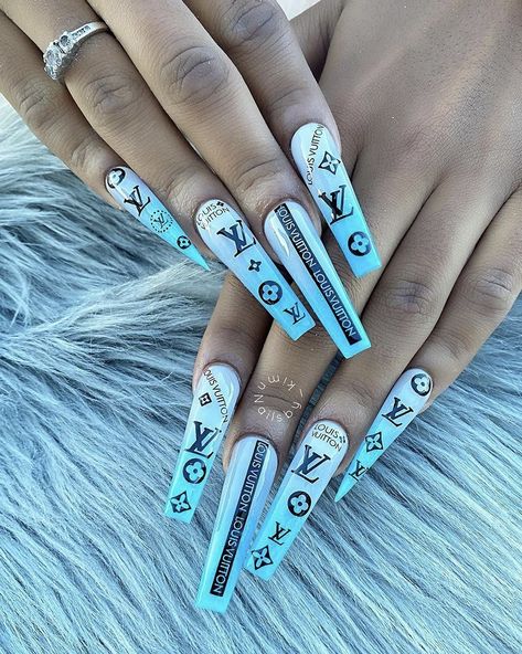 Designer Nails Louis Vuitton, Lv Nails Louis Vuitton, Lv Nails, Louis Vuitton Nails, Gucci Nails, Chanel Nails, Hot Pink Nails, Drip Nails, Ombre Acrylic Nails