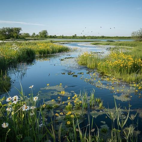 Nestled under the expansive blue sky, this peaceful wetland serves as a sanctuary for various wildlife. The water's surface, mirroring the heavens above, is speckled with aquatic plants. Wildflowers, like daisies and buttercups, add splashes of white and yellow around the water's edge, inviting a sense of calm and serenity. The presence of birds in flight enhances the vitality of the scene, reminding us of the delicate balance of ecosystems and the untouched beauty of nature. Wetland Aesthetic, Wetlands Aesthetic, Wetlands Photography, Wetland Animals, Aquatic Landscape, Wetland Plants, Thesis Presentation, American Drawing, Nature Escape