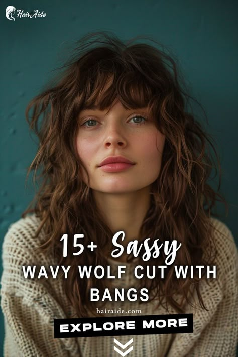 a woman with long hair and bangs wearing a sweater Long Waves With Bangs, Long Wolf Cut With Bangs Wavy Hair, Wolf Cute Long Hair, 2c Haircut Bangs, Wavy Hair With Bangs Medium, Haircuts For Wavy Curly Hair Long Layered Bangs, Thick Wavy Bangs, Wolf Cut Medium Hair With Bangs, Shag Hairstyles Long Wavy