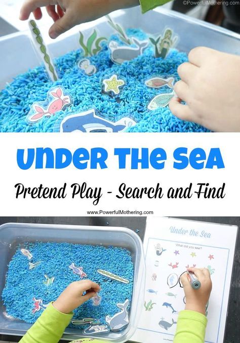 Great for sensory, imaginative and Under the Sea Pretend Play has the added bonus of Search and Find to learn about things under the sea! Great for older toddlers and preschoolers as part of a theme. Under The Sea Crafts, Ocean Theme Preschool, Sea Party Ideas, Sea Activities, Ocean Activities, Sea Crafts, Under The Sea Theme, Ocean Crafts, Toddler Snacks