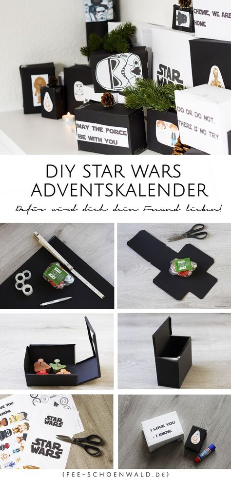 DIY Star Wars Adventskalender für Männer - für diese einfache Geschenkidee wird dich dein Freund lieben!  In schwarz weiß glänzt dieses Exemplar vor allem mit coolen Zitaten von Yoda, Han Solo oder Prinzessin Leia. Doch auch die Stormtrooper kommen nicht zu kurz! Es war nie einfacher einen Adventskalender für die Weihnachtszeit zu basteln. Advent Calendar For Men, Diy Star Wars, Make An Advent Calendar, Star Wars Advent Calendar, Diy Star, Diy Christmas Presents, Star Wars Diy, German Fashion, Diy Advent Calendar