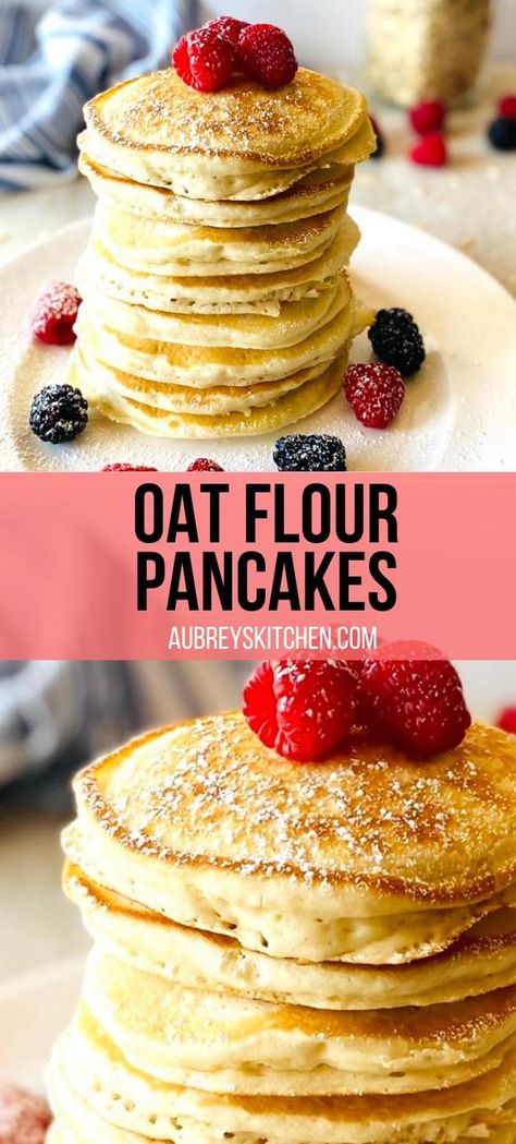 Oat Flour Pancakes - Aubrey's Kitchen Oat Flour Pancakes Vegan, Vegan Oat Pancakes, Oatmeal Flour Pancakes, Baking Soda Pancakes, Oat Pancakes Vegan, Oat Pancake Recipe, Vegan Protein Pancakes, Oat Flour Pancakes, Oat Flour Recipes