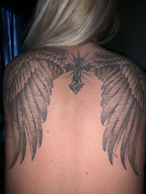 Angle Wing Tattoo For Women On Back, Angel Back Tattoos Women, Wing Ridden Angel Tattoo, Red Angel Wings Tattoo, Angle Back Tattoo, Angel Wings On Back Tattoo, Back Tattoos Wings, Cross And Wings Tattoo, Angel Wing Tattoo On Back