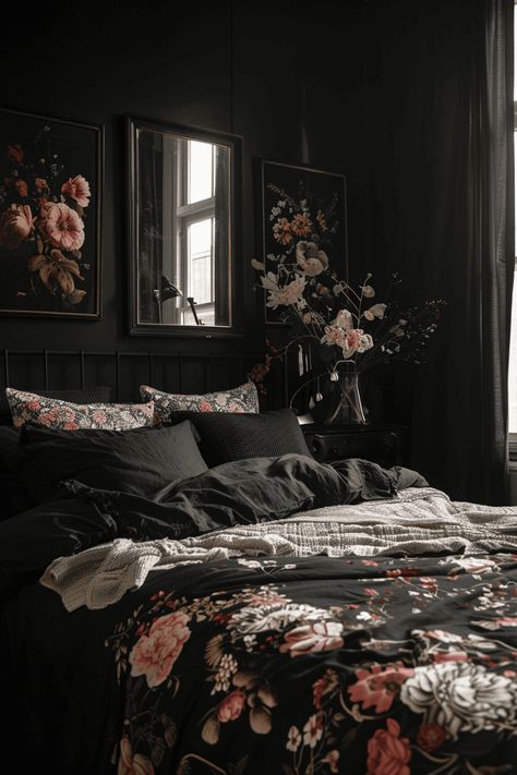 Intricate Wallpaper, Statement Curtains, Moody Kitchens, Moody Bedrooms, Dark Bedroom Ideas, Dark Academia Bedroom, Dark And Moody Bedroom, Cottagecore Bedroom, Moody Decor