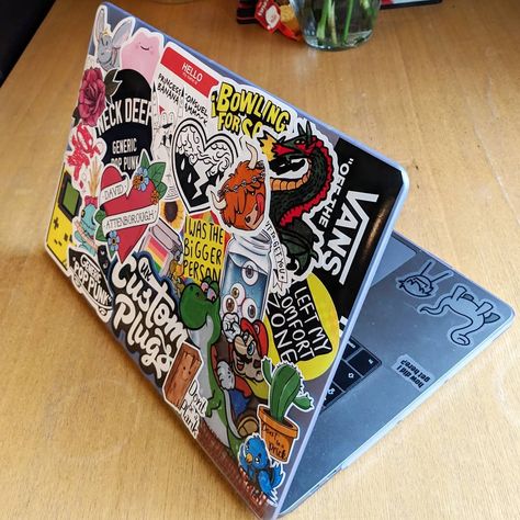 “Why just showcase your personality when not you can stick it all over your laptop? 🌻 #laptop #stickers #macbook #stickerbomb…” Sticker Covered Laptop, Stickers Macbook Aesthetic, Decorating My Macbook, Sticker Placement Ideas Laptop, Laptops With Stickers, Painting On Laptop, Computer With Stickers, Laptop Covered In Stickers, Mac With Stickers