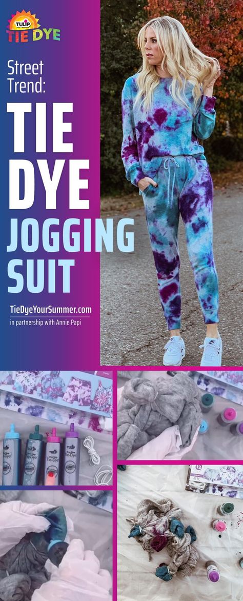 Word on the street is that tie dye is still the hottest fashion trend around! We don’t know about you, but one street trend we’re living for right now is the tie-dye jogging suit. #tiedye #tulipcolor #sweatsuit #joggingsuit How To Tie Dye Sweatpants, Tye Dye Pants Diy, How To Tie Dye Pants, Tie Dye Pants Diy How To, Tie Dye Pants Diy, Tie Dye Sweatpants Outfit, Custom Shirts Diy, Tulip Tie Dye, Diy Tie Dye Designs