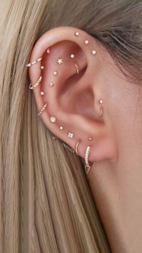 Ear Piercing Jewelry & Cartilage Earrings | Impuria on Reels | Three Flat Ear Piercings, 3 Forward Helix Piercing, Cartlidge Earring Idea, Cartlidge Earring Ideas, Pericings Ideas Ears, Cartlidge Earring Placement, Full Ear Piercing Ideas, Flat Ear Piercings Ideas, Flat Cartilage Piercing