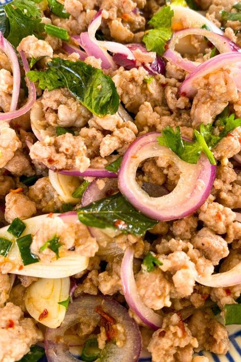 Close-up of Thai larb with minced pork. Turkey Larb Recipe, Healthy Thai Salad, Thai Dinner Recipes, Larb Salad, Thai Larb, Pork Larb, Larb Recipe, Thai Appetizer, Thai Salad Recipes