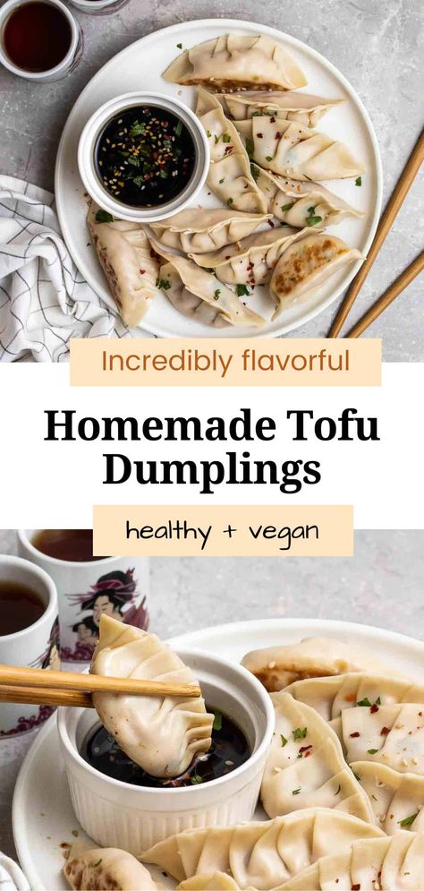 These vegan tofu dumplings are flavorful, delicious, and filled with a great tofu and vegetable filling. They are relatively easy to prepare and only call for simple ingredients. Paired with a flavorful soy dipping sauce, these vegan Chinese dumplings are a crowd-pleaser! Tofu Dumpling Filling, Tofu Dumplings Recipe, Tofu Dumplings, Vegetarian Dumplings Recipe, Vegetarian Recipes Tofu, Wonton Filling Recipes, Vegan Korean Bbq, Asian Dumpling Recipe, How To Cook Dumplings