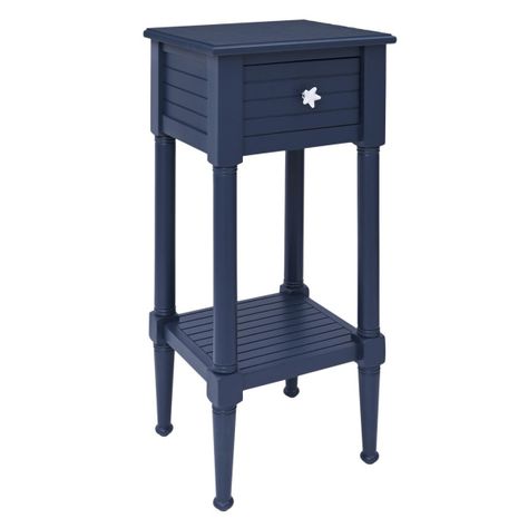 Add coastal ambiance to your favorite space with this lovely nautically themed end table. Featuring a navy blue finish, this square wood table is the perfect place for a lamp and a cup of coffee while relaxing with a book. Adorned with a decorative starfish knob, the single drawer keeps essential items within easy reach, while the lower shelf is perfect for displaying photographs and keepsakes. Ideal as a living room side table, bedroom nightstand, or bathroom stand, this table will make a delig Square Wood Table, Side Table Bedroom, Room Side Table, Bathroom Stand, Bedroom Nightstand, Small End Tables, End Tables With Drawers, Table Bedroom, Phillips Screwdriver