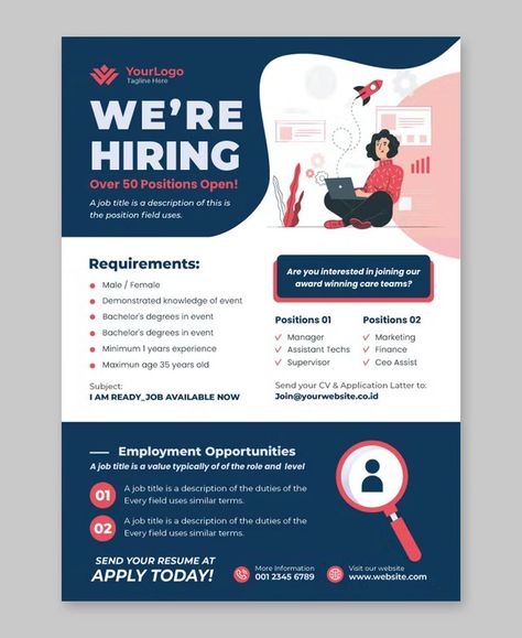 Job Vacancy Poster Template, Job Announcement Design, Job Posting Template, Job Flyer Design, Job Ads Design, Business Flyers Designs, Recruitment Flyer Design, Job Opening Poster, Job Offer Design