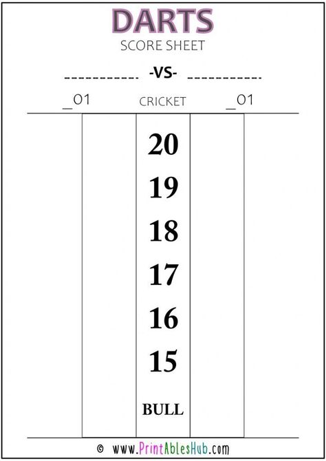 The darts score sheet helps you maintain the score easily and precisely. This printable in the form of a PDF has numbers written from 20 to 15 along with Bull’s Eye in descending order. Download the free printable dart score sheet from Printableshub. #cricketdartsscoreboard #cricketdarts #cricketdartsrules #cricketdartboard #dartscricketscoresheet #howtoplaycricketdarts #dartcricketscoreboard #dartscricketscoreboarddiy #cricketboarddarts #cricketscoreboarddarts Dart Scoreboard, Darts Rules, Cricket Scoreboard, Darts Scoreboard, Dart Games, Darts Game, Cricut Stencils, Cricket Score, Game To Play