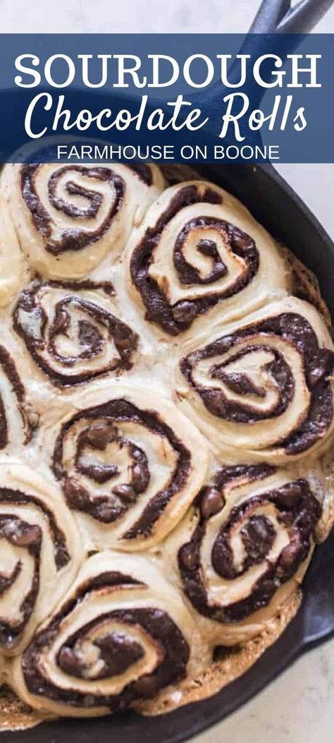 These are the best sourdough chocolate rolls. Big, fluffy rolls with a sweet, double chocolate filling. The perfect dessert or extra special breakfast, it will be hard to stop at one. #farmhouseonboone #sourdoughchocolaterolls #sourdough #sourdoughrecipe