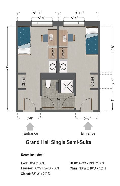 Grand Hall Single Semi-Suite (2 person room) Two Bedrooms In One Room, Single Dorm Room Layout Floor Plans, Single Person Dorm Room, Dorm Room Single Person, 2 Person Dorm Room Layout, 2 Person Dorm Room, Single Dorm Room Layout, Dorm Room Ideas Layout, Dorm Room Layout Ideas