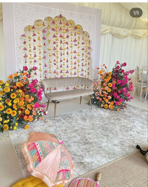 Mendi Stage Decor, Pink And Yellow Mehndi Decor, Pink And Yellow Indian Wedding Decorations, Home Mendhi Decor, Decor For Roka Ceremony, Hurdee Night Decor, Punjabi Night Decor, Mendhi Backdrop Mehndi Decor, Punjabi Jaggo Decoration