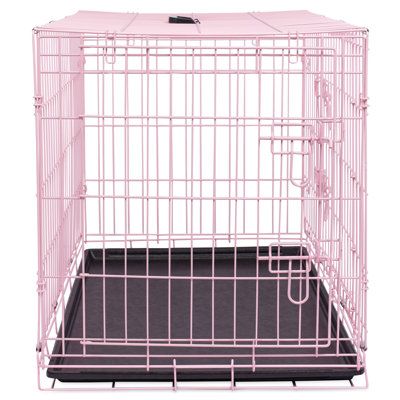 This product is the perfect home for your dog, puppy, or even cat. This metal crate is equipped with front and side doors that latch securely with two-sided bolt latches. Keep the doors open for a perfect den-like, personal space that your Dog (Cat or Puppy) will love to curl up in and sleep. Each kennel has been innovatively designed with a leak-proof plastic pan that may be removed for cleaning as well as equipped with a detachable carrying handle that may be secured tightly to the frame makin Pink Dog Crate, Collapsible Dog Crate, Small Dog Crate, Meme Chat, Wire Dog, Puppy Kennel, Cat Crate, Pet Enclosure, Side Doors