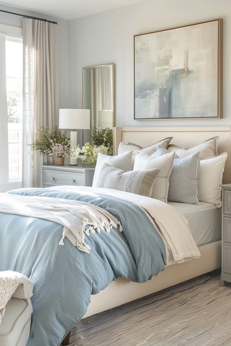 Transform Your Bedroom into a Serene Sanctuary: Modern & Chic Decor Ideas Blue Gray And White Bedroom Ideas, Off White And Blue Bedroom, Powder Blue And Beige Bedroom, Serene Primary Bedroom, Light Blue Accent Bedroom, Light Blue Master Bed, Calm Blue Bedroom Ideas, Transitional Blue Bedroom, Cozy Bedroom Ideas Blue