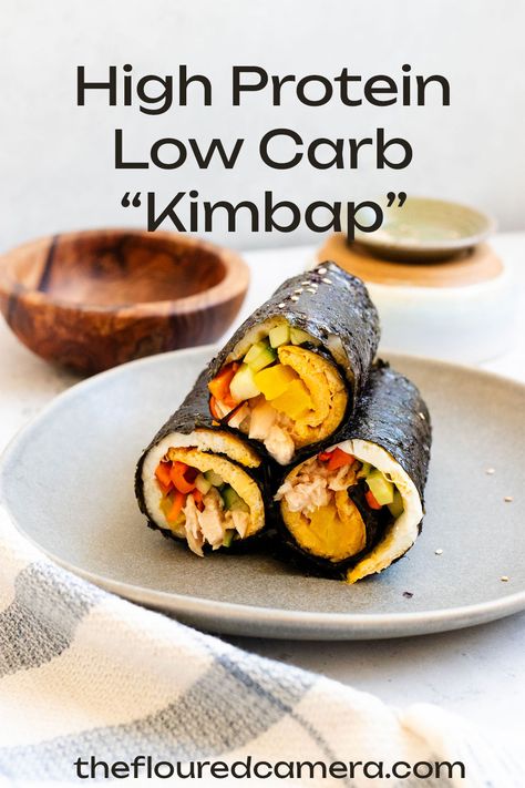 High Protein Low Carb Kimbap Korean Low Carb Recipes, Healthy Kimbap, Low Carb Korean Recipes, High Protein Asian Meals, Keto Kimbap, Low Carb High Protein Snacks, Kimbap Recipe, Keto Korean, Asian Cuisine Recipes