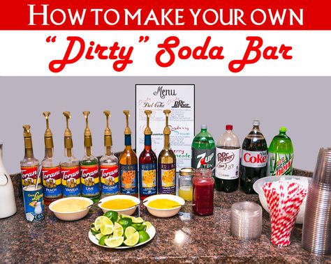 How to make your own dirty soda bar Bar Activities Ideas, Flavored Soda Bar, Soda Bar Drink Stations, Soda Bar Ideas, Dirty Soda Bar, Soda Bar Sign, Soda Fountain Bar, Soda Station, Girls Night Snacks