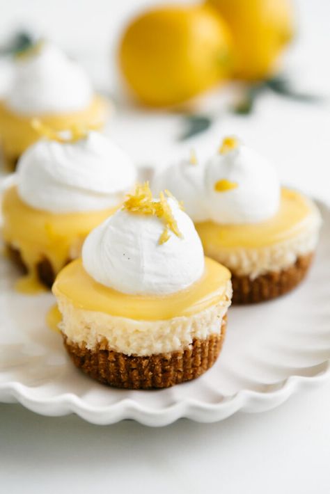 Mini Lemon Cheesecakes Cheesecakes No Bake, Mini Lemon Cheesecake, Lemon Cheesecakes, Mini Lemon Cheesecakes, Delta Breezes, Cheesecake Tarts, Cream Cheese Eggs, Bake Desserts, Homemade Whipped Cream